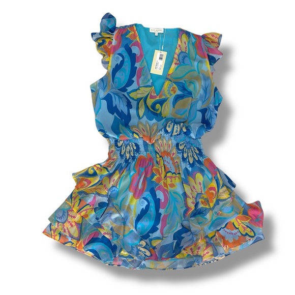 NWT Ramy Brook x ClassofPalmBeach Blue Simone Smocked Mini Dress - Large - Picture 2 of 10